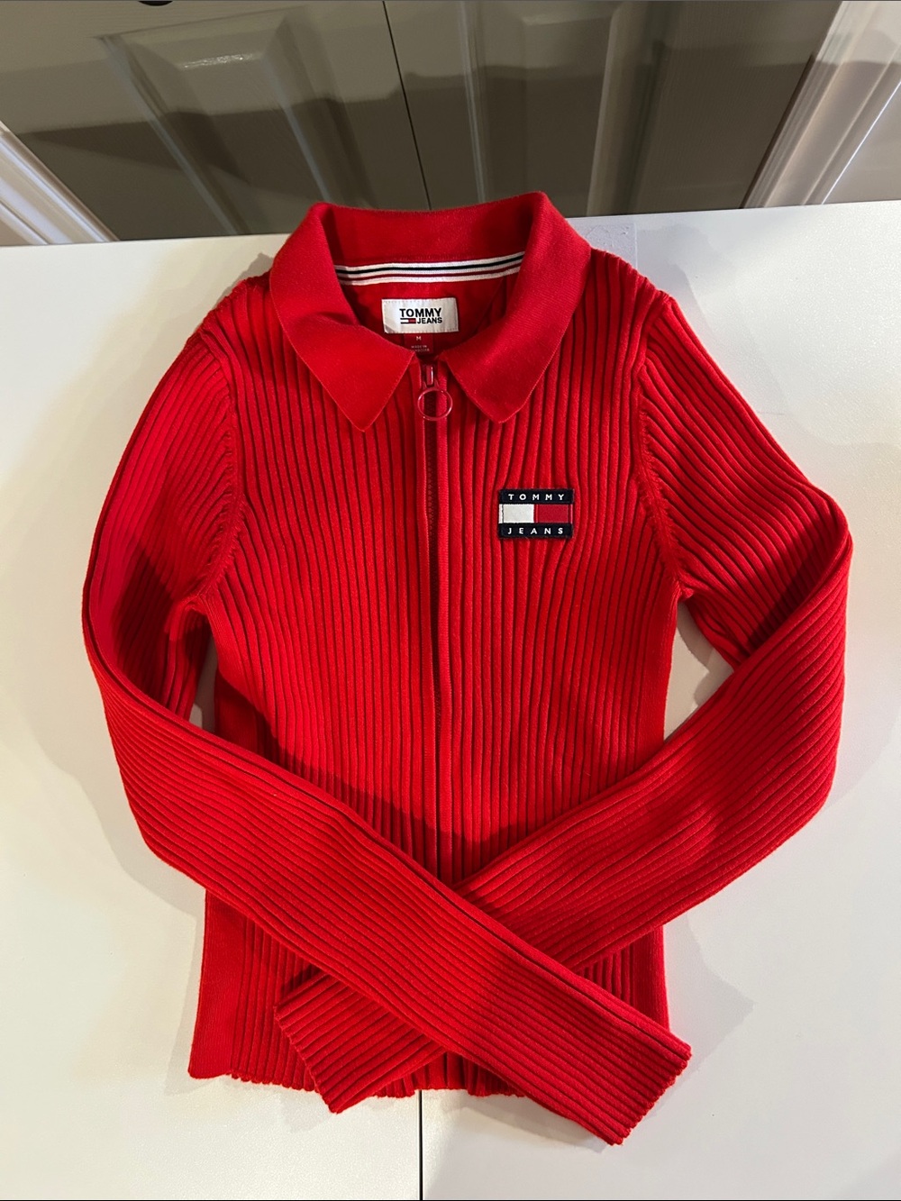 Tommy Hilfiger Red Ribbed Polo Zip Cardigan with Flag Patch